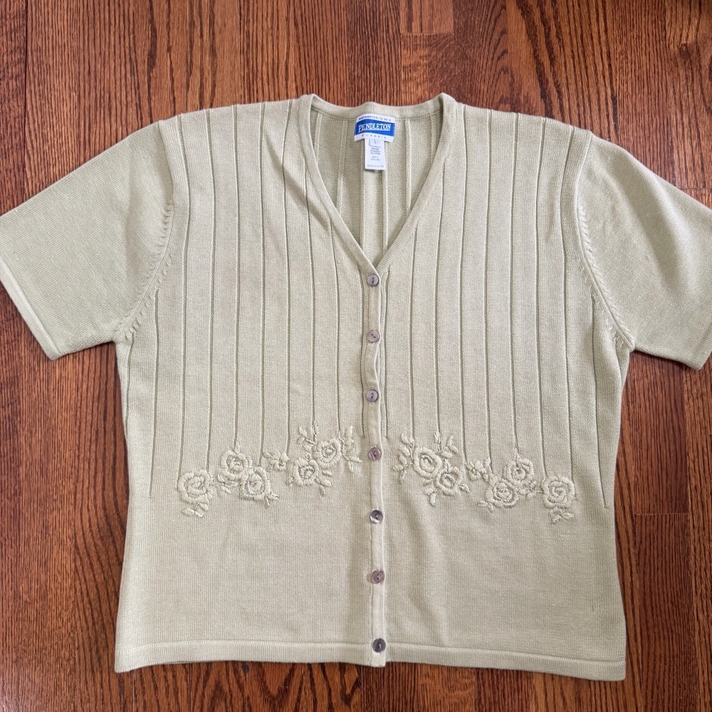 Pendleton Classic Short Sleeve V Neck Sage Green Sweater Size Large